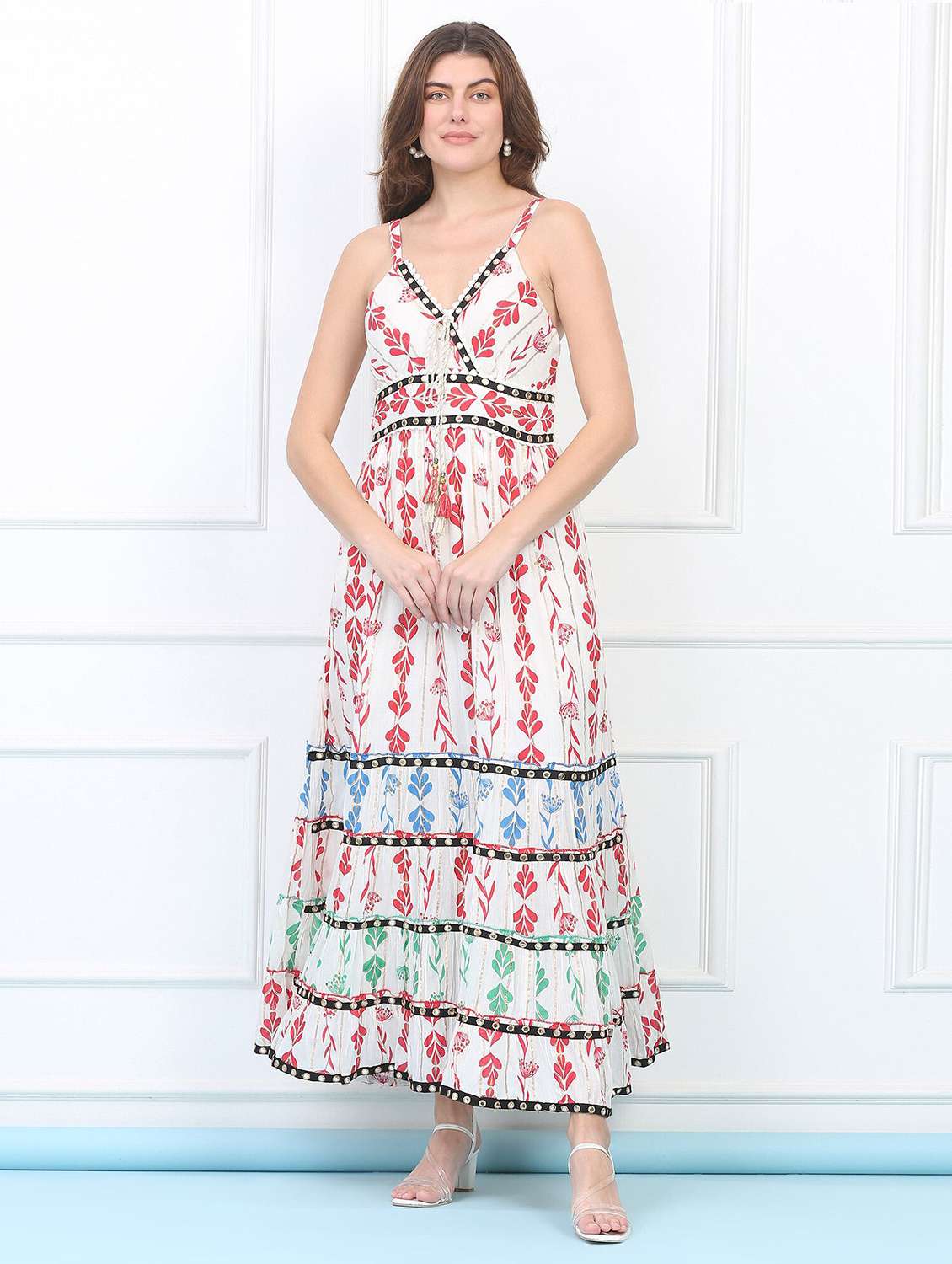 women printed shoulder strap tiered dress - 22148089 -  Standard Image - 1