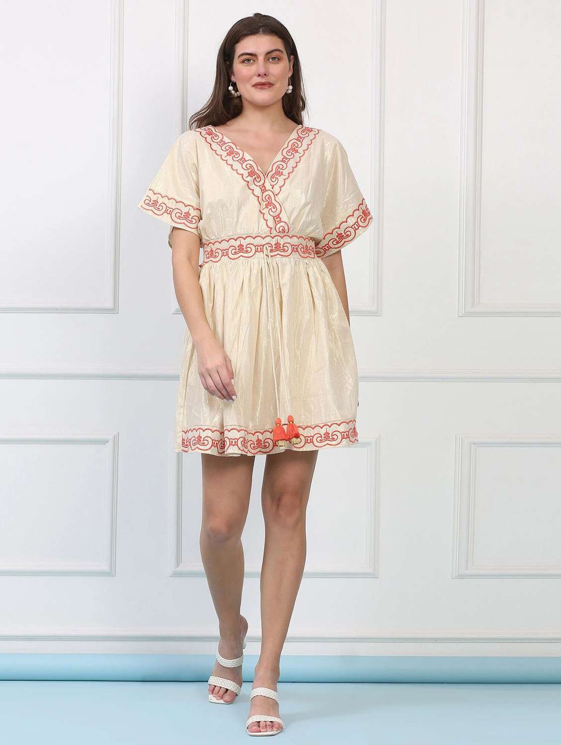 majestic by baani women fit and flare beige above knee length dress - 22148111 -  Standard Image - 1