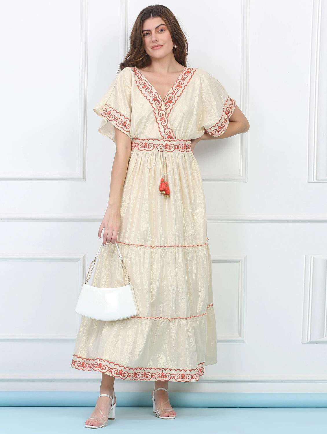 majestic by baani women tiered beige maxi length dress