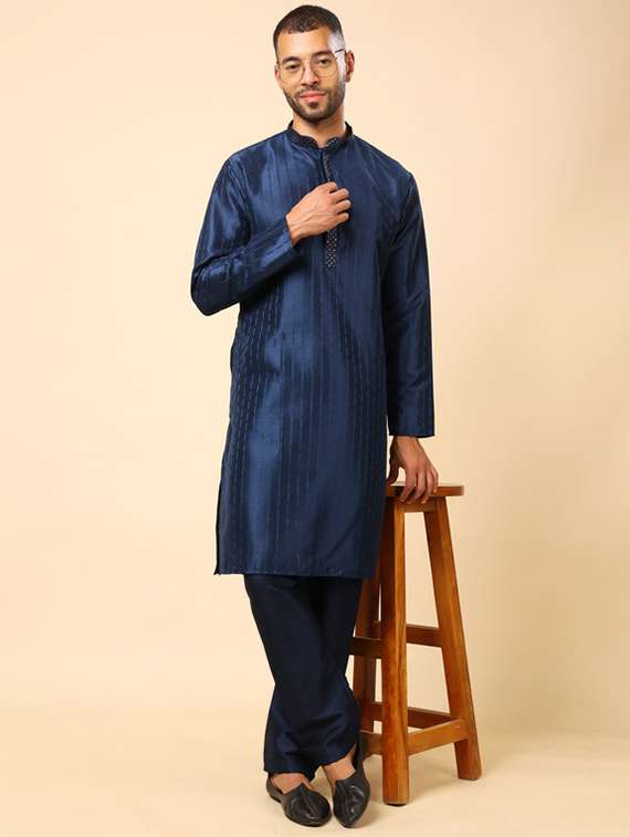 men self design long sleeve kurta with trousers ethnic wear set