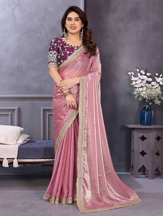women solid with bordered saree with blouse