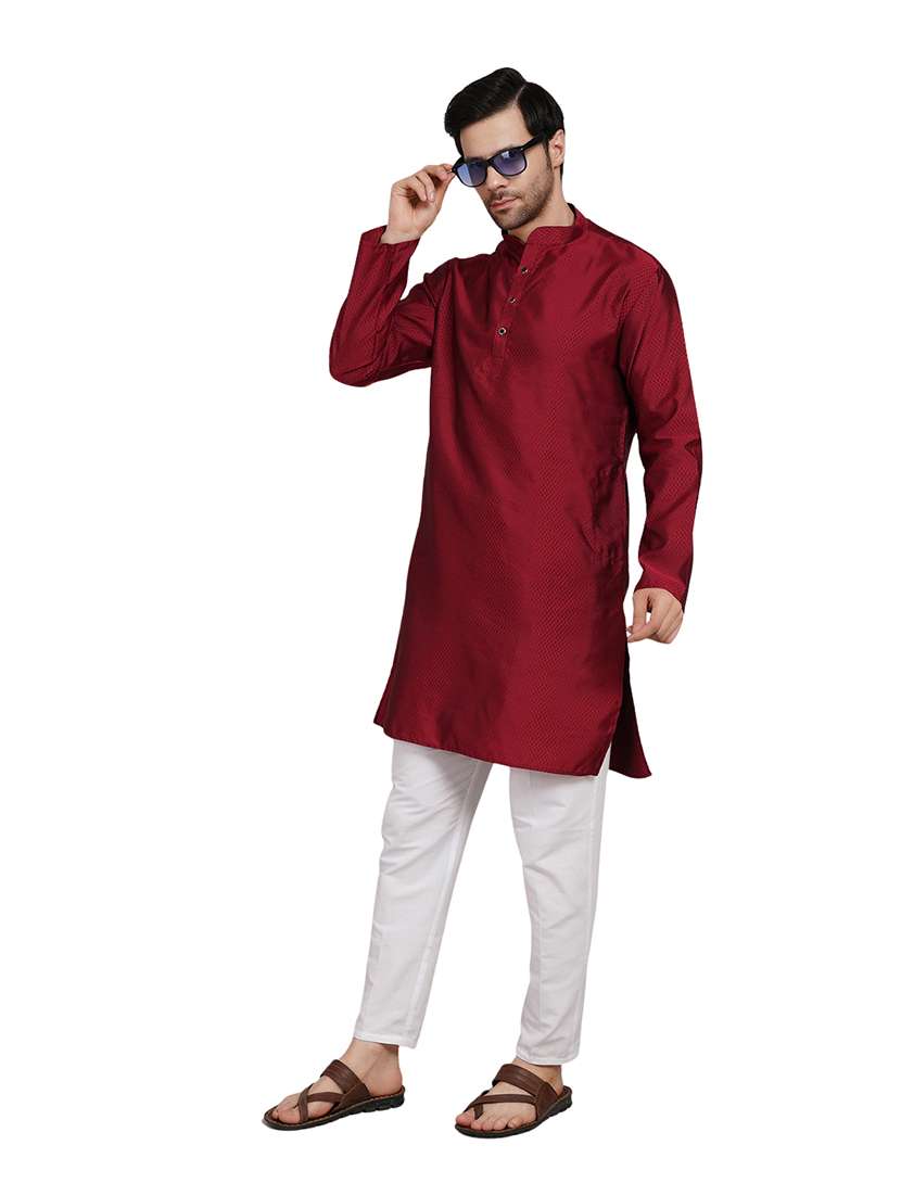 men self design long sleeve kurta with trousers ethnic wear set