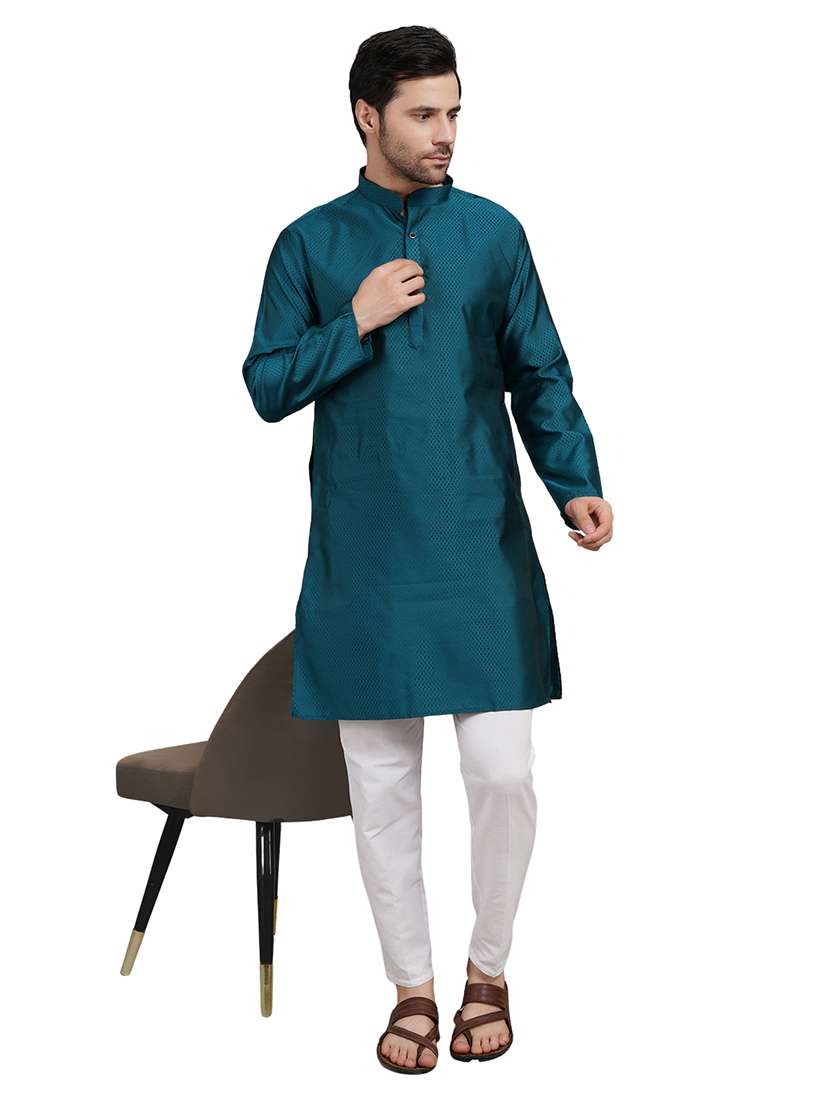 men self design long sleeve kurta with trousers ethnic wear set