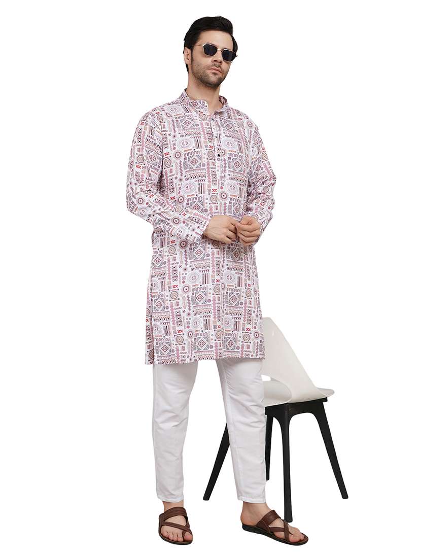 men printed long sleeve kurta with trousers ethnic wear set