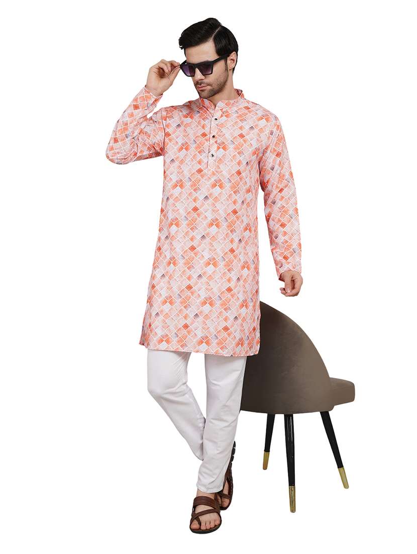 men printed long sleeve kurta with trousers ethnic wear set