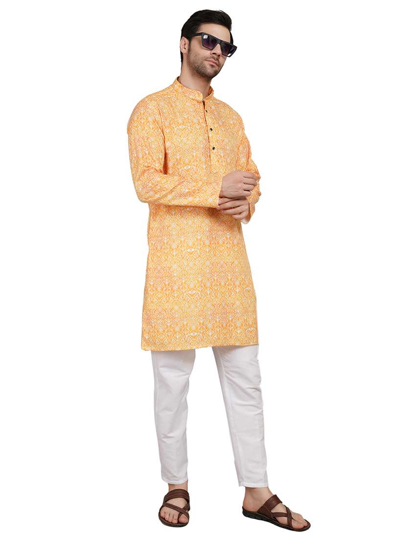 men printed mandarin neck kurta with trousers ethnic wear set
