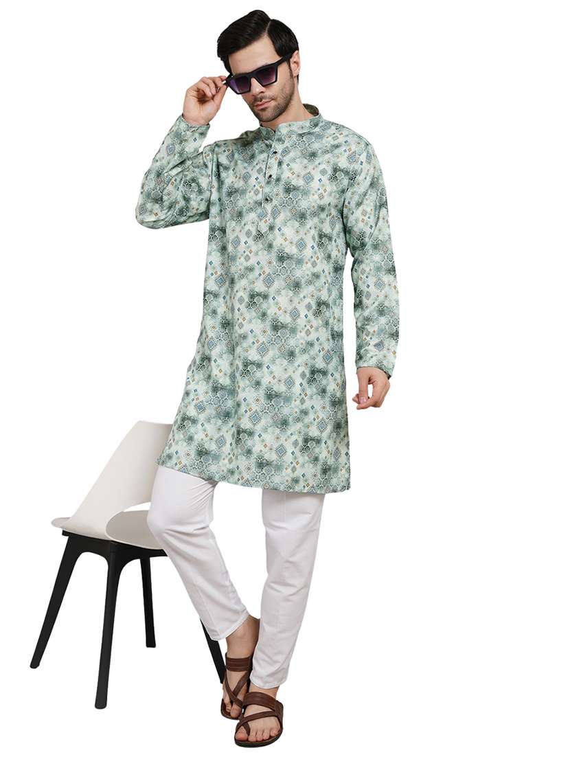 men printed mandarin neck kurta with trousers ethnic wear set