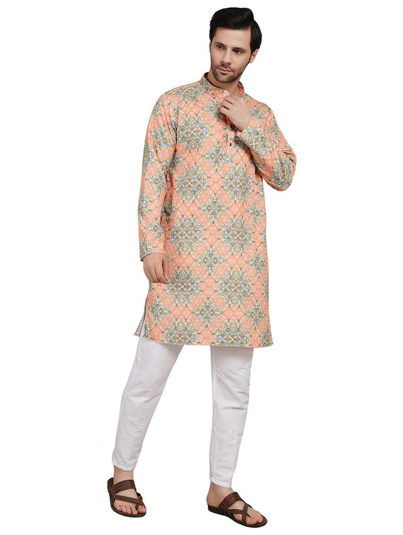 men printed mandarin neck kurta with trousers ethnic wear set - 22148279 -  Standard Image - 1