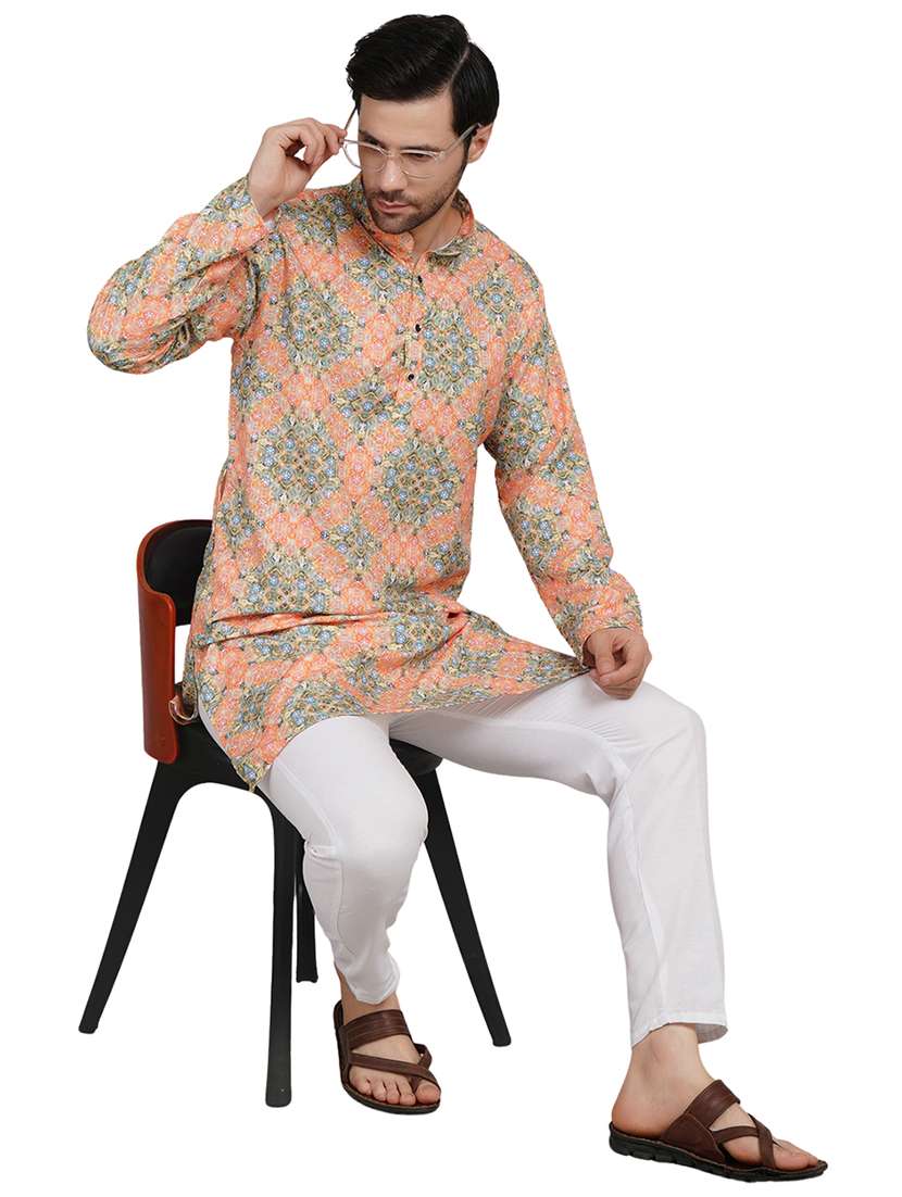 men printed mandarin neck kurta with trousers ethnic wear set - 22148279 -  Standard Image - 4