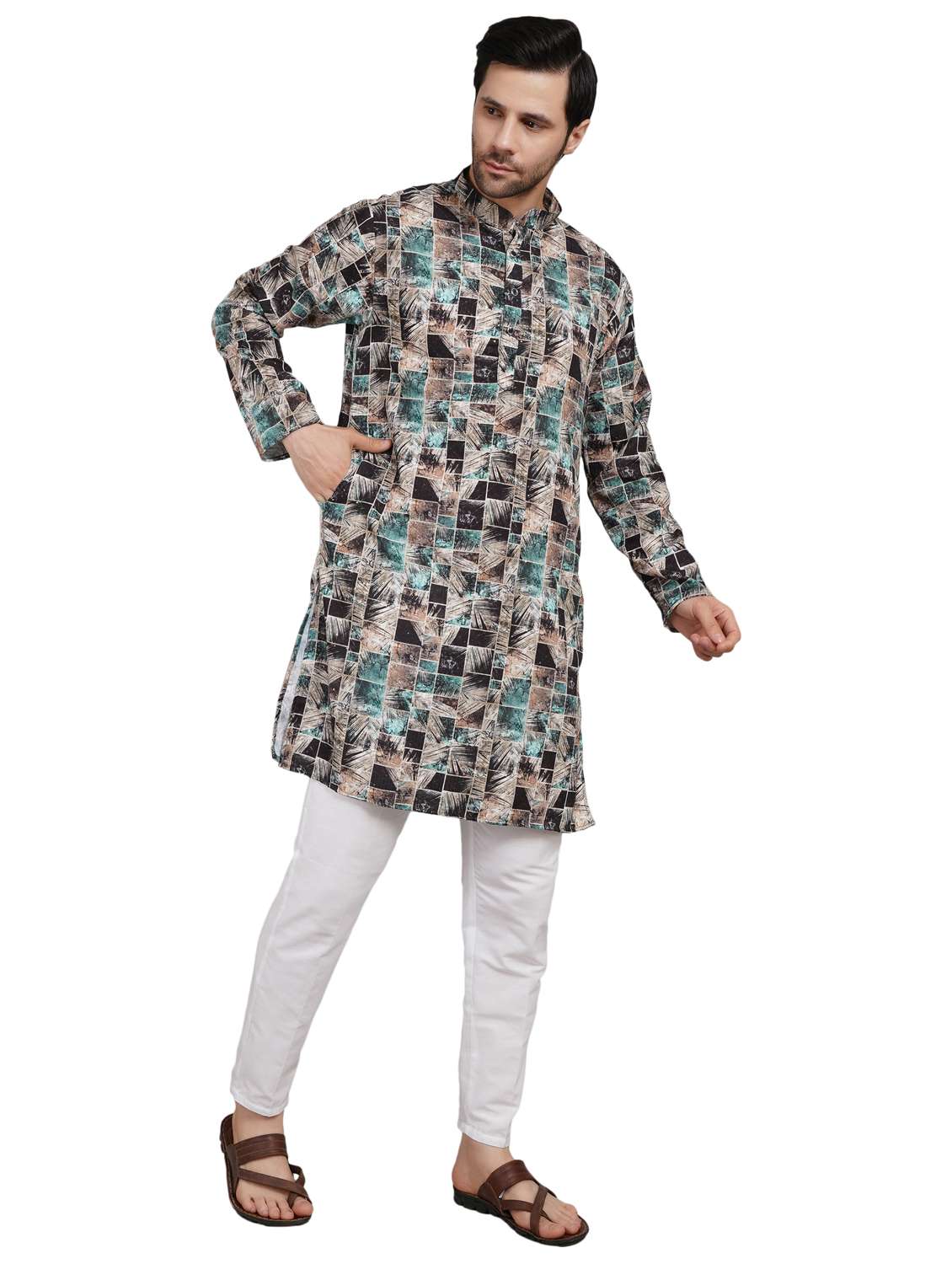 men printed mandarin neck kurta with trousers ethnic wear set - 22148281 -  Standard Image - 1