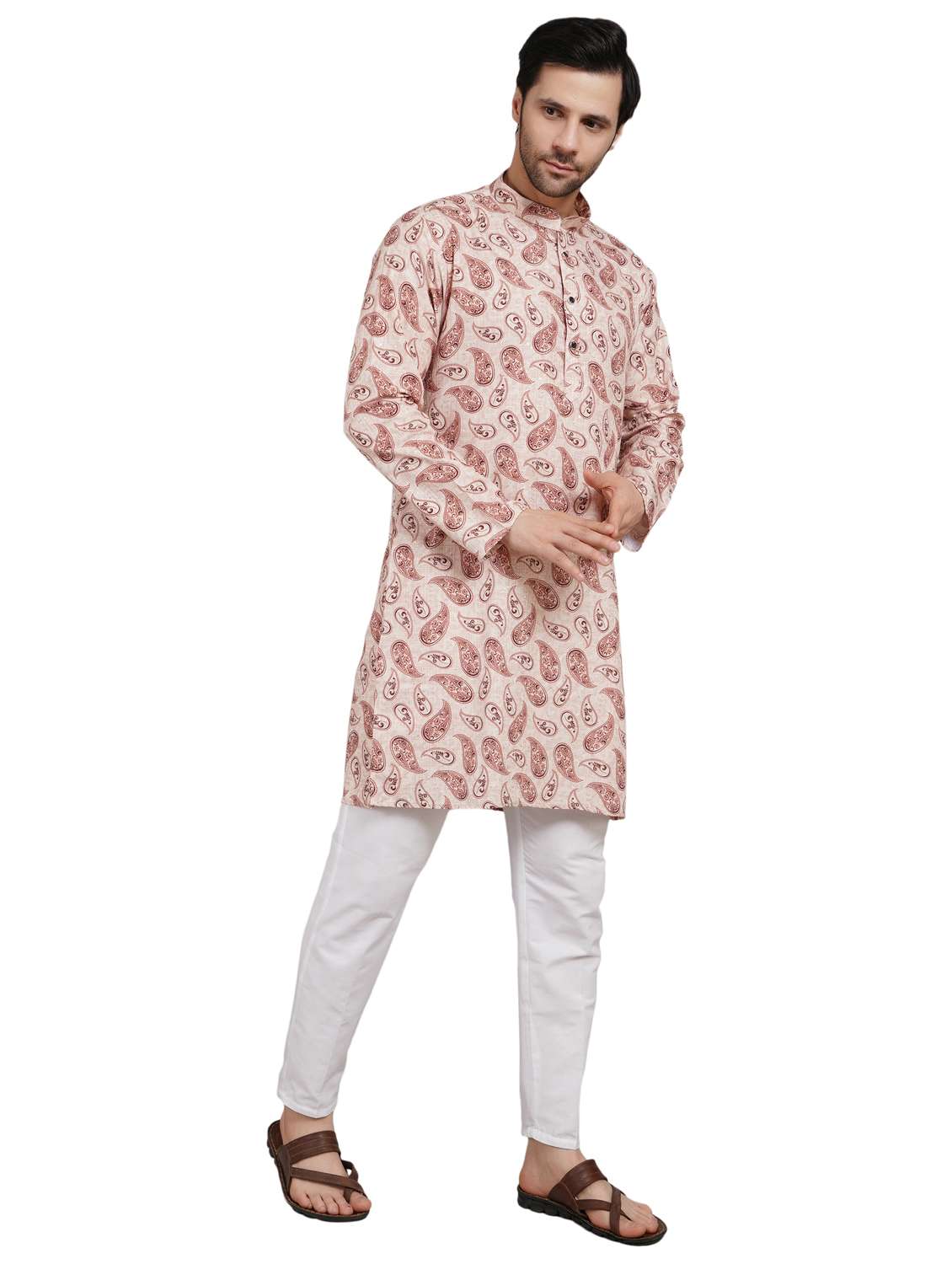 men paisley mandarin neck kurta with trousers ethnic wear set - 22148282 -  Standard Image - 1