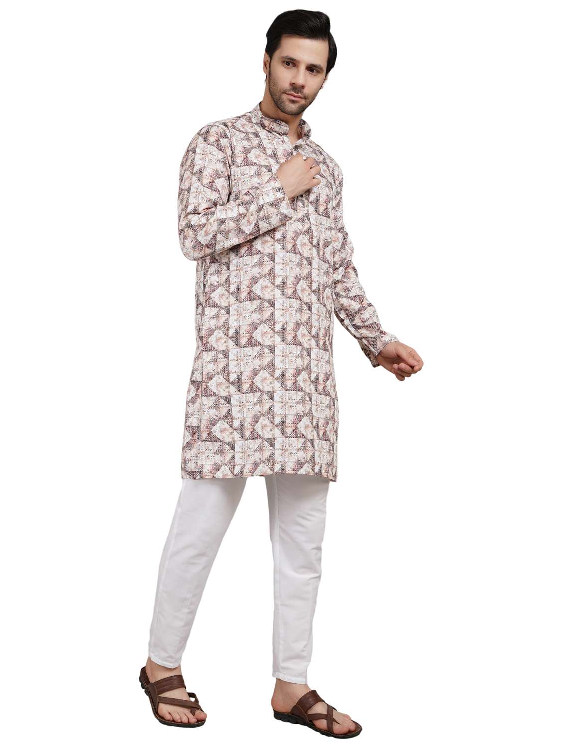 men printed mandarin neck kurta with trousers ethnic wear set - 22148284 -  Standard Image - 1