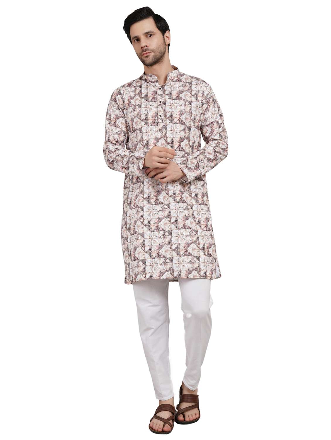 men printed mandarin neck kurta with trousers ethnic wear set - 22148284 -  Standard Image - 4