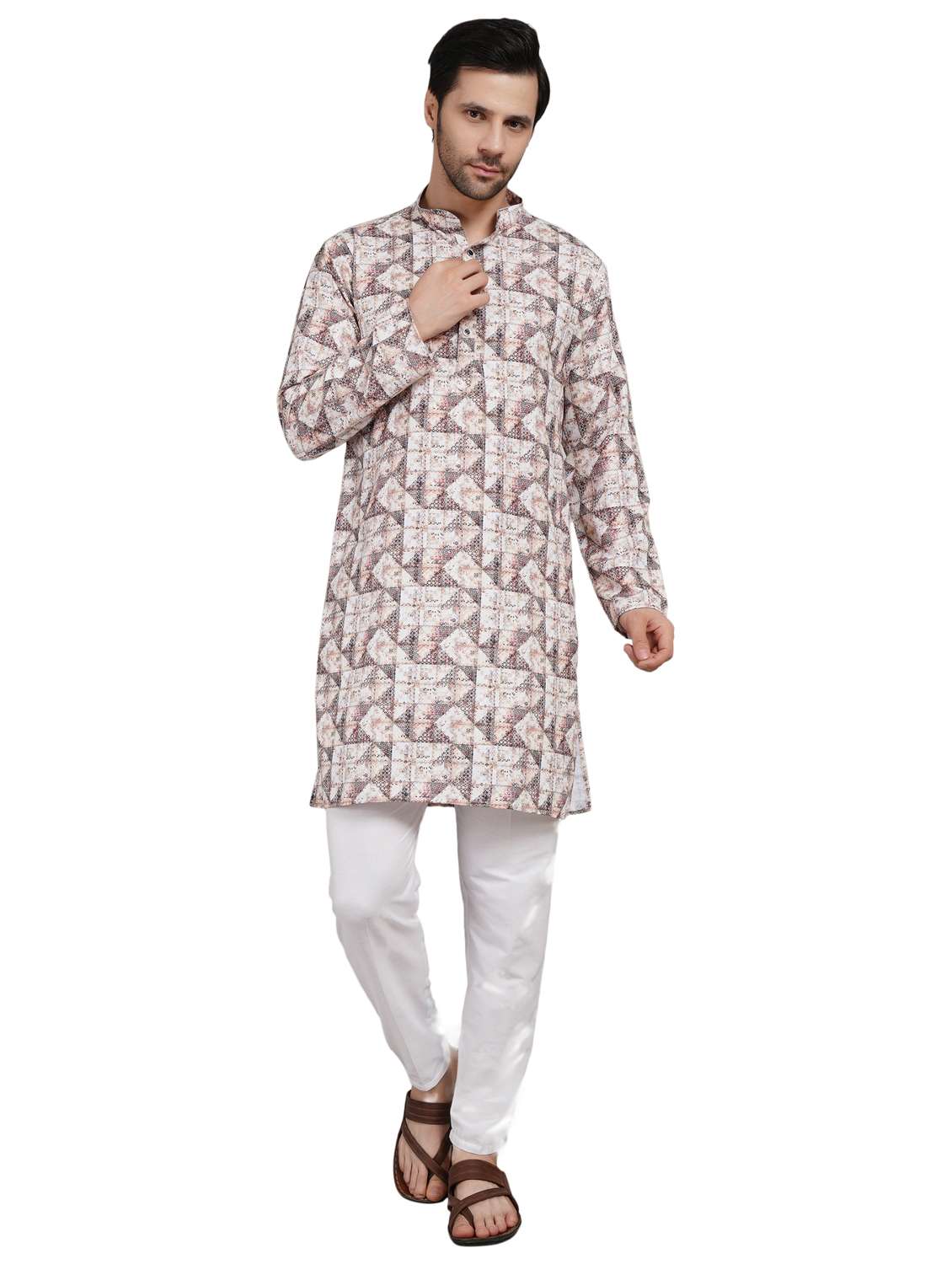 men printed mandarin neck kurta with trousers ethnic wear set - 22148284 -  Standard Image - 6