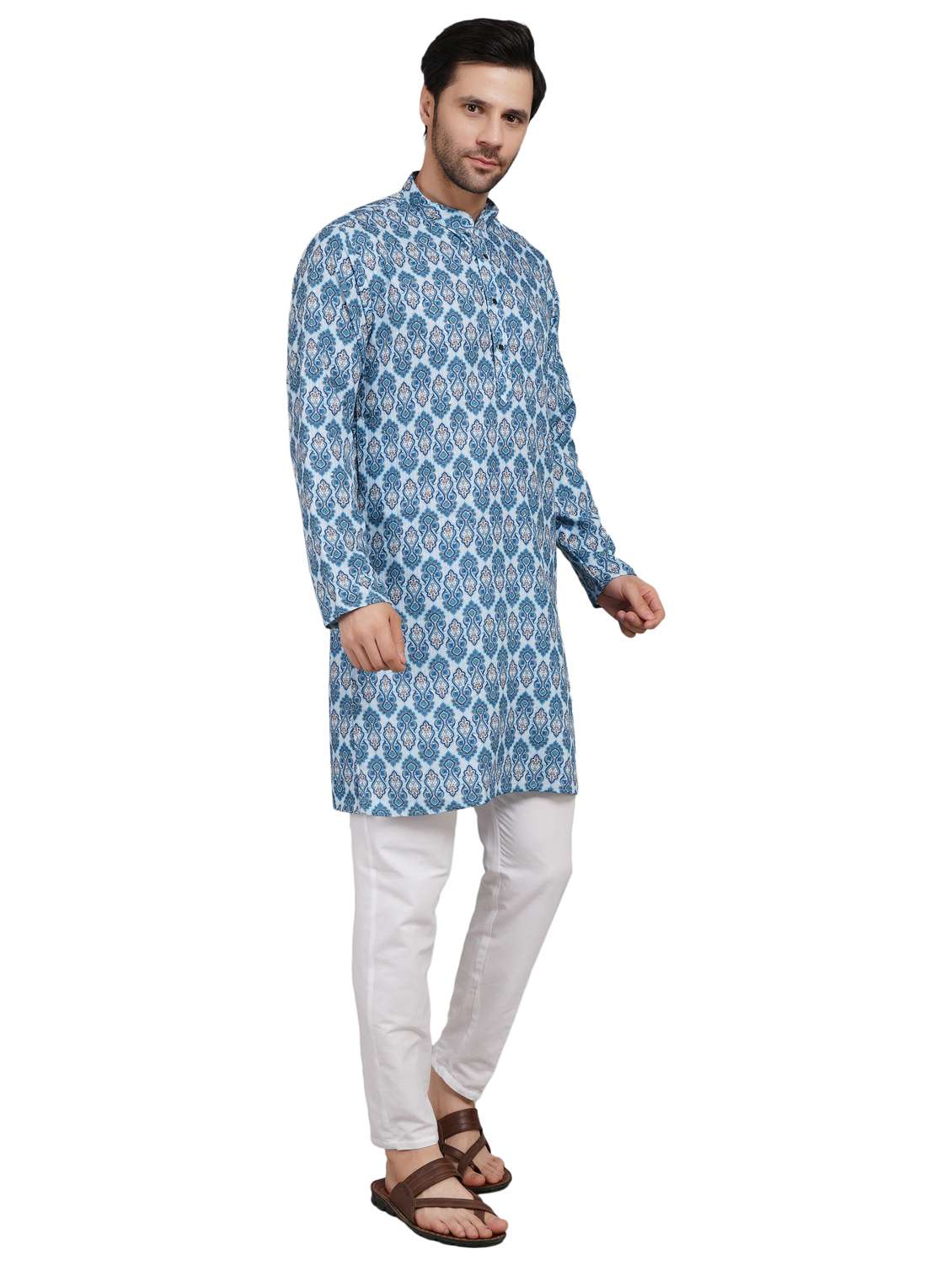 men printed mandarin neck kurta with trousers ethnic wear set - 22148285 -  Standard Image - 1