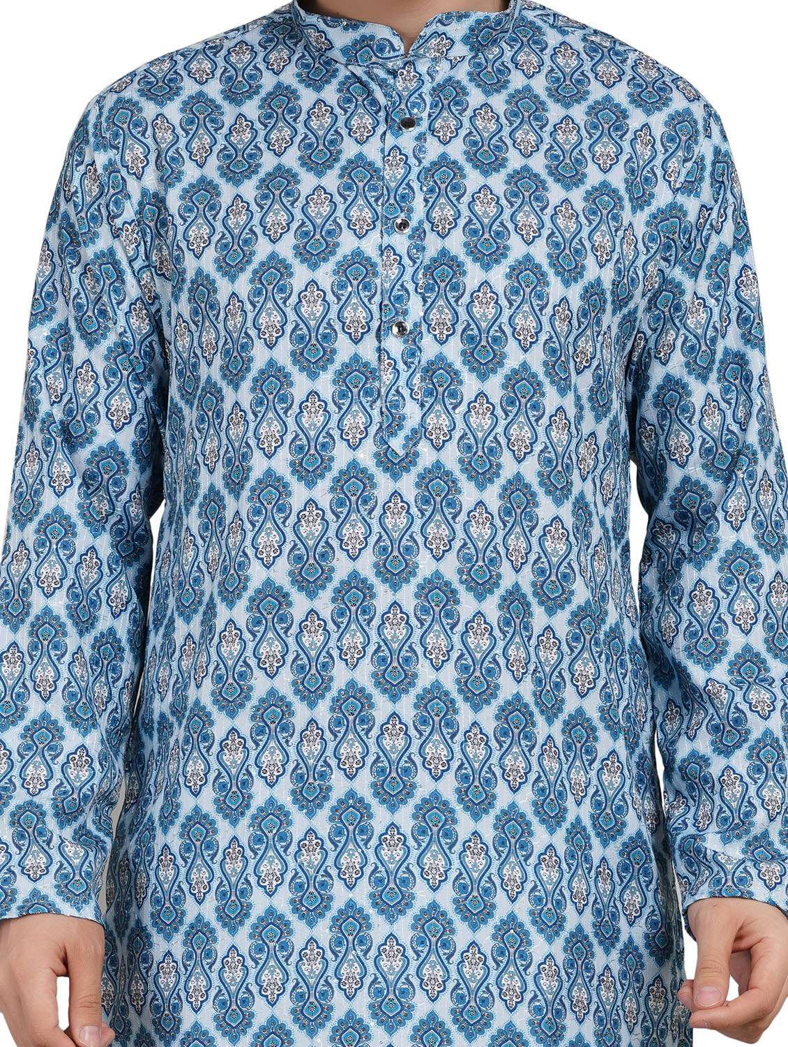 men printed mandarin neck kurta with trousers ethnic wear set - 22148285 -  Standard Image - 6