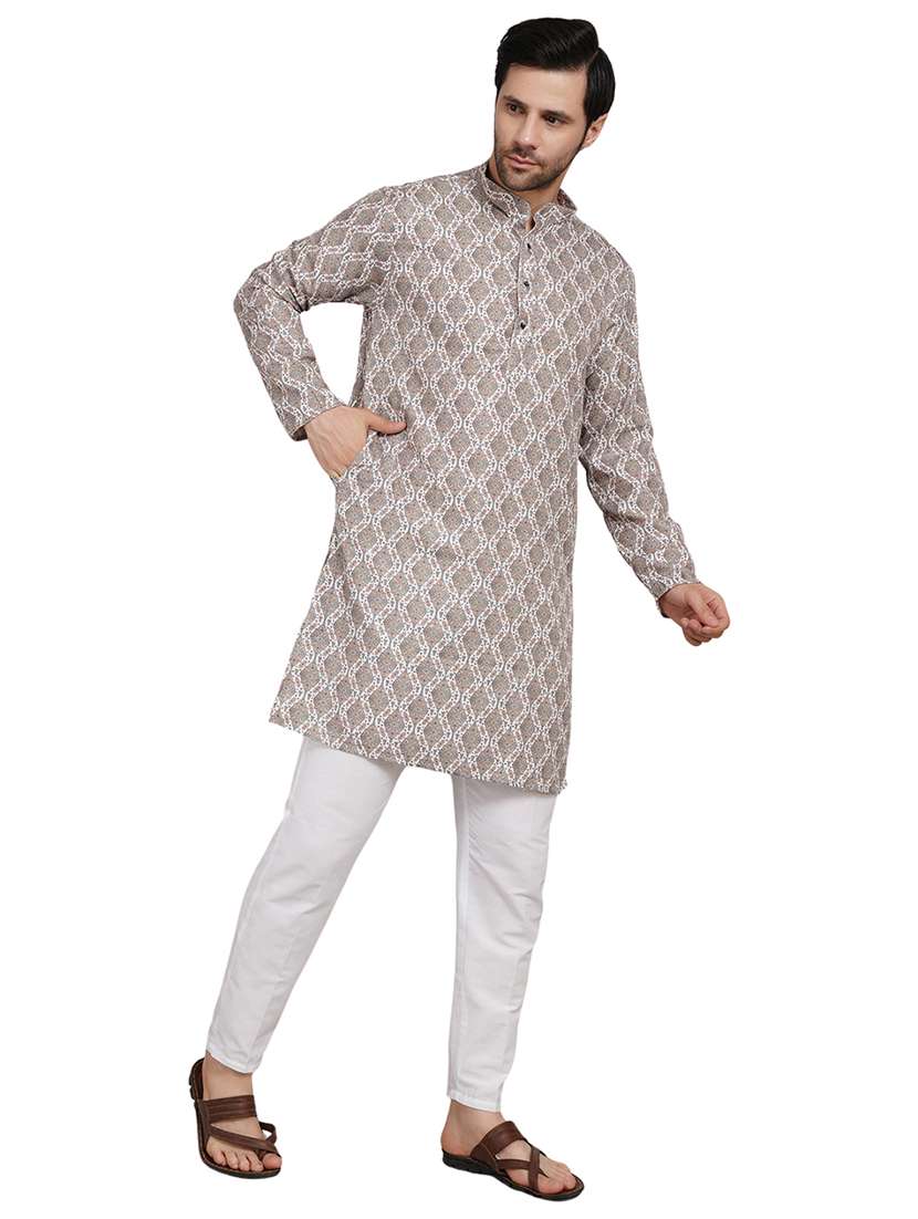 men printed mandarin neck kurta with trousers ethnic wear set - 22148286 -  Standard Image - 1