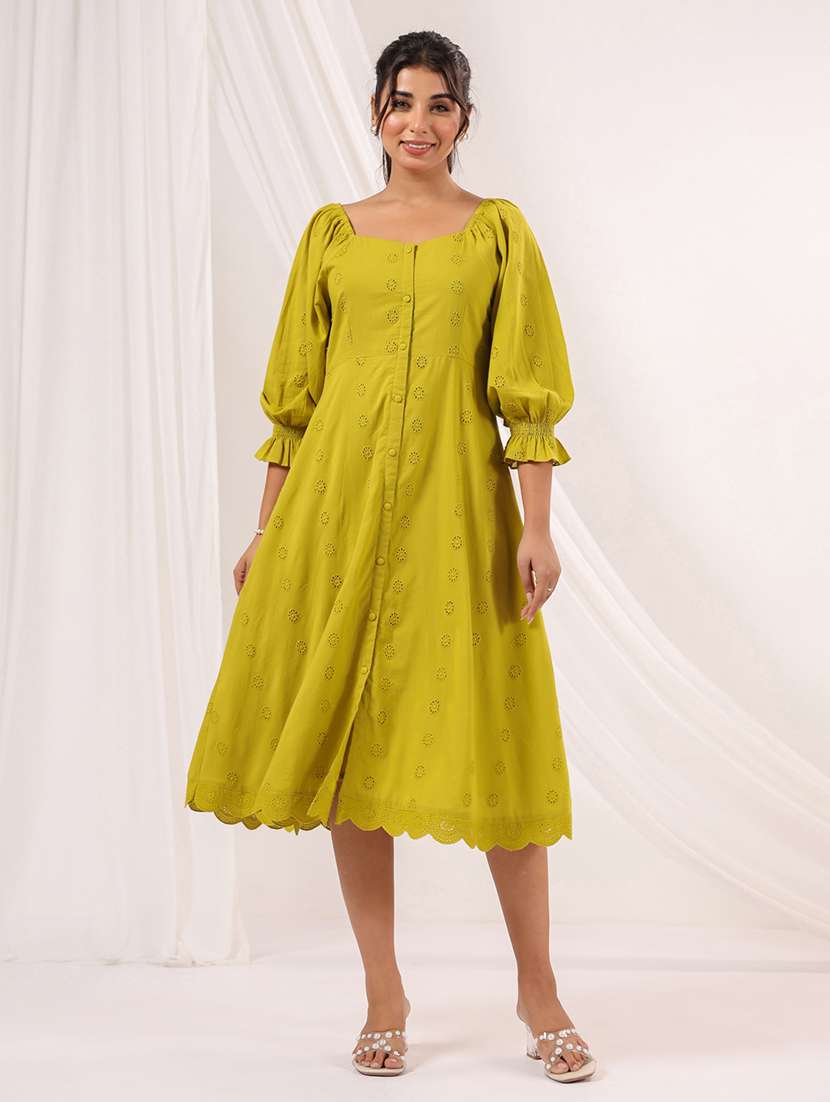 women self designed puff sleeve fit and flare dress - 22156211 -  Standard Image - 1