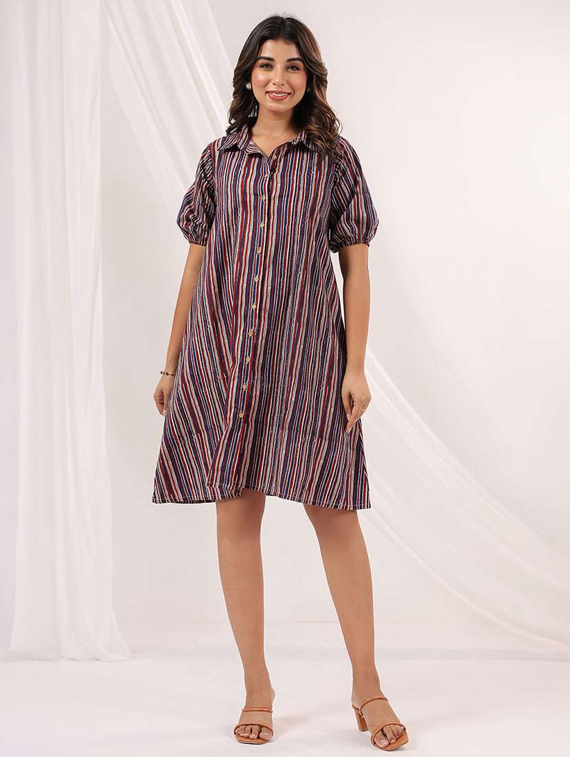 women striped puff sleeve collared a-line dress