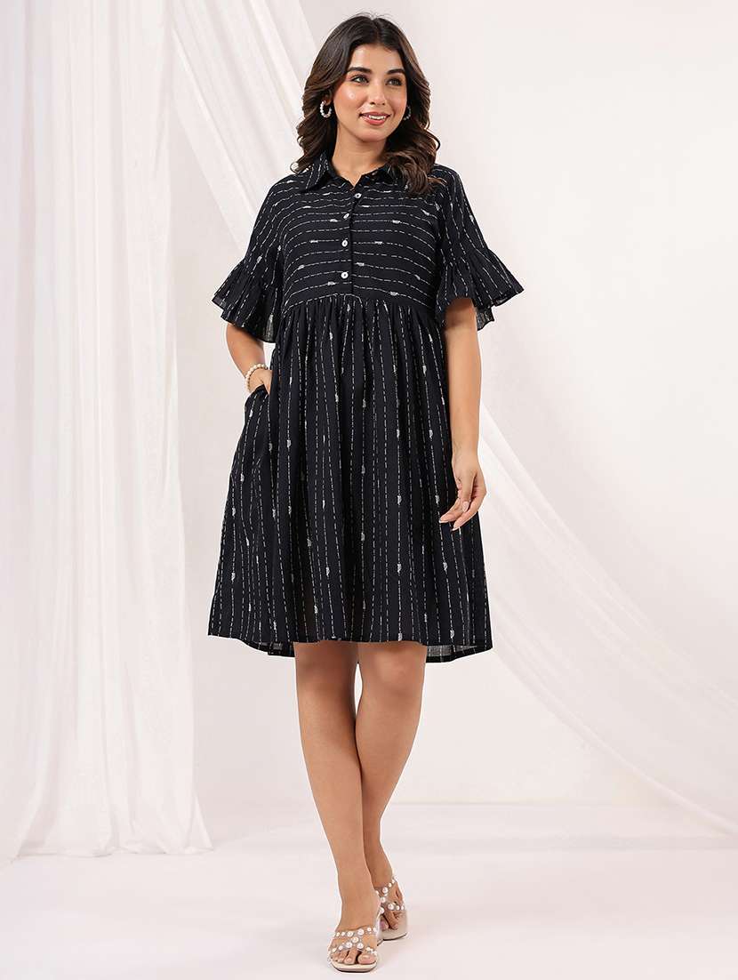 women printed collared bell sleeve a-line dress