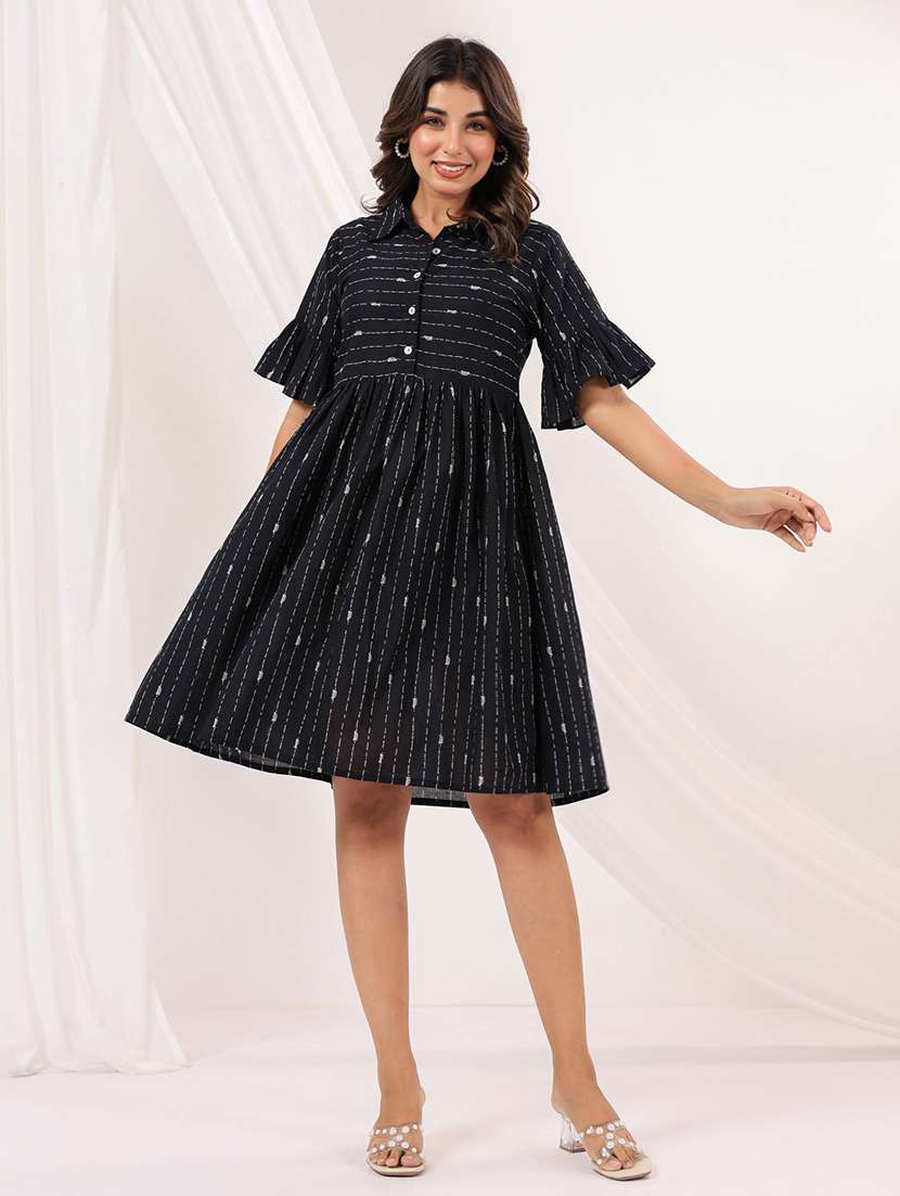 women printed collared bell sleeve a-line dress - 22156216 -  Standard Image - 1