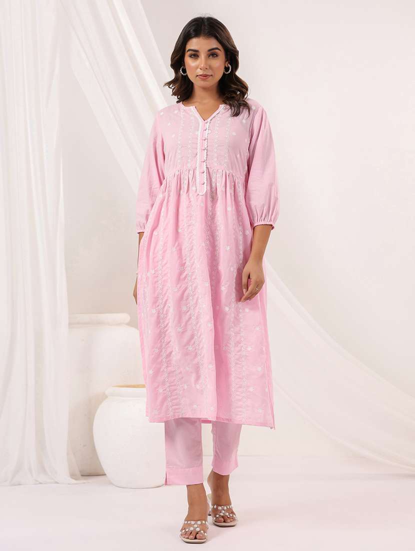 women embroidered three quarter sleeve kurta pant set