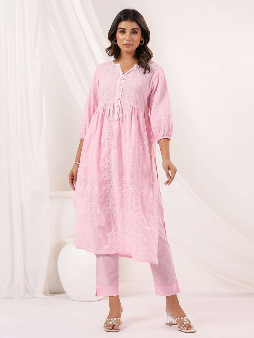 women embroidered three quarter sleeve kurta pant set - 22156218 -  Standard Image - 1