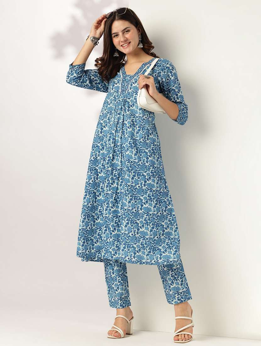 women floral three quarter sleeve kurta pant set - 22156220 -  Standard Image - 1