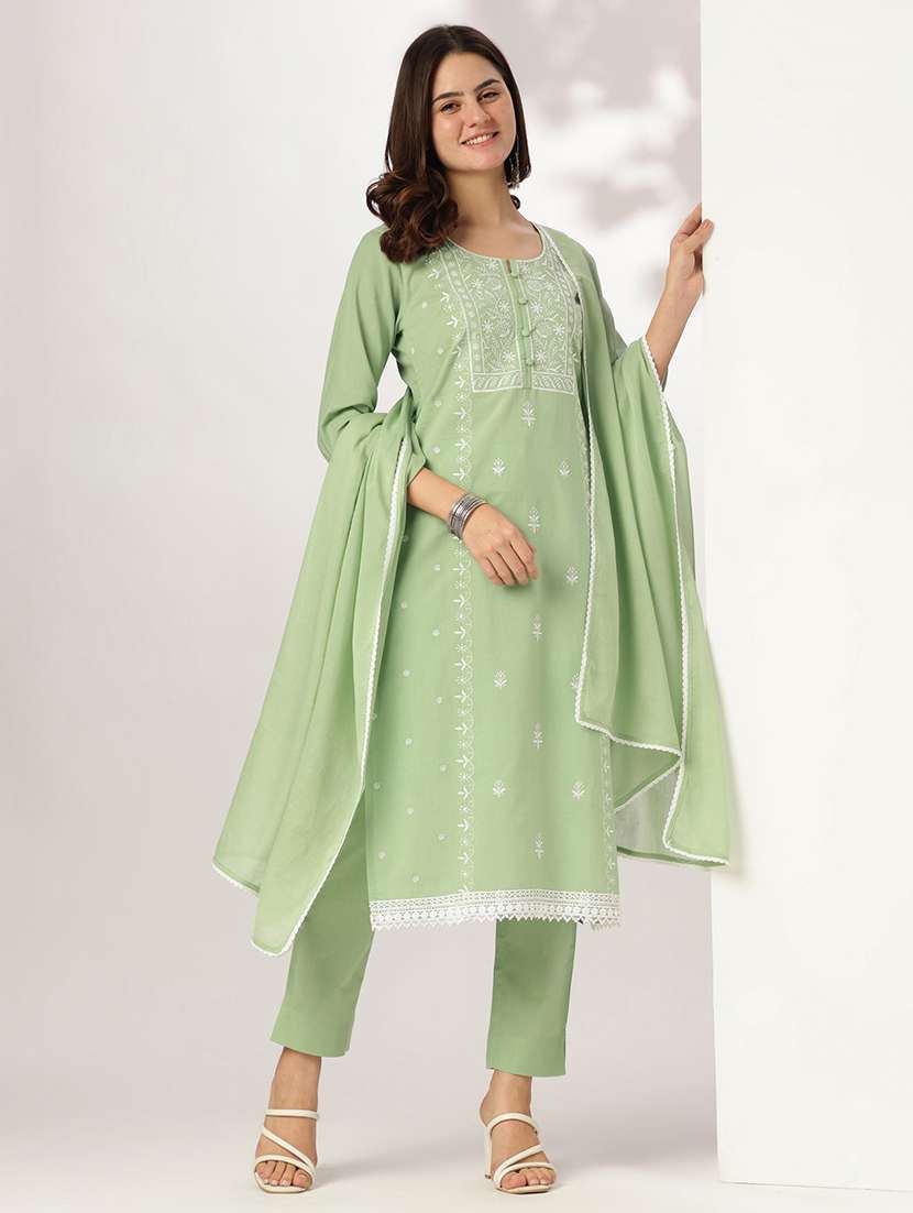 women embroidered three quarter sleeve kurta pant with dupatta set - 22156223 -  Standard Image - 1