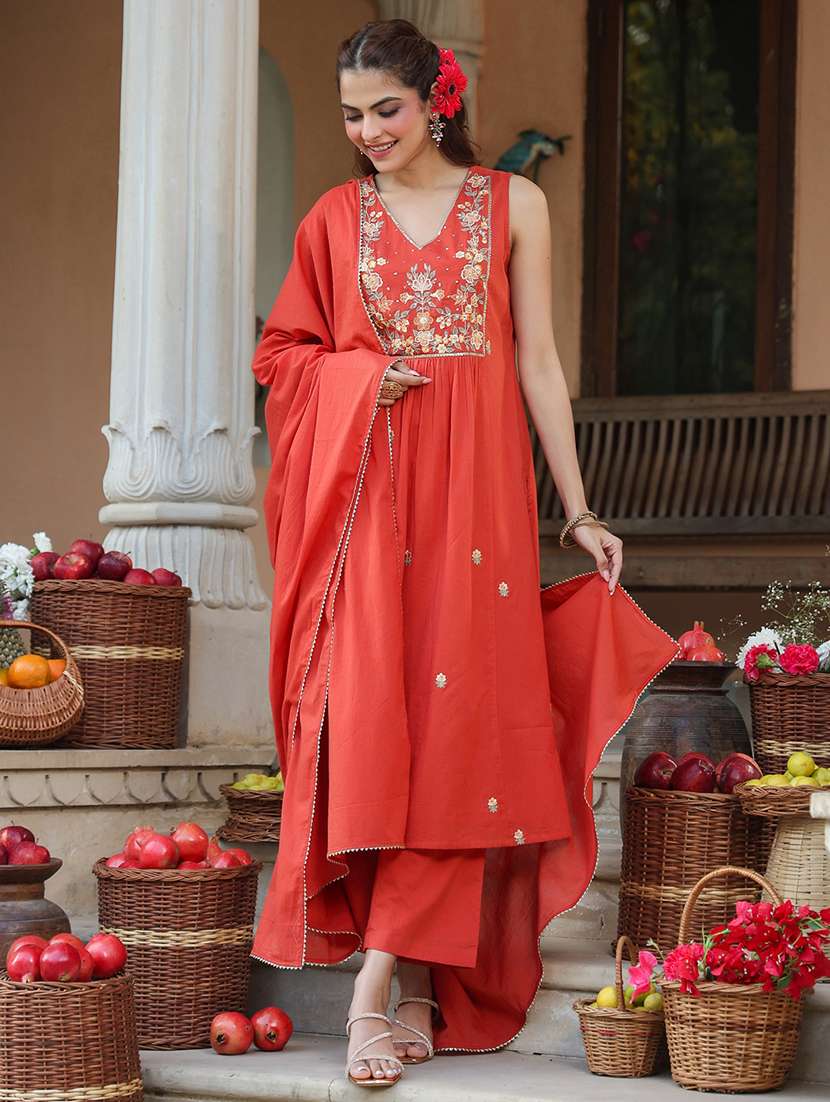 women embroidered sleeveless kurta pant with dupatta set - 22156225 -  Standard Image - 1