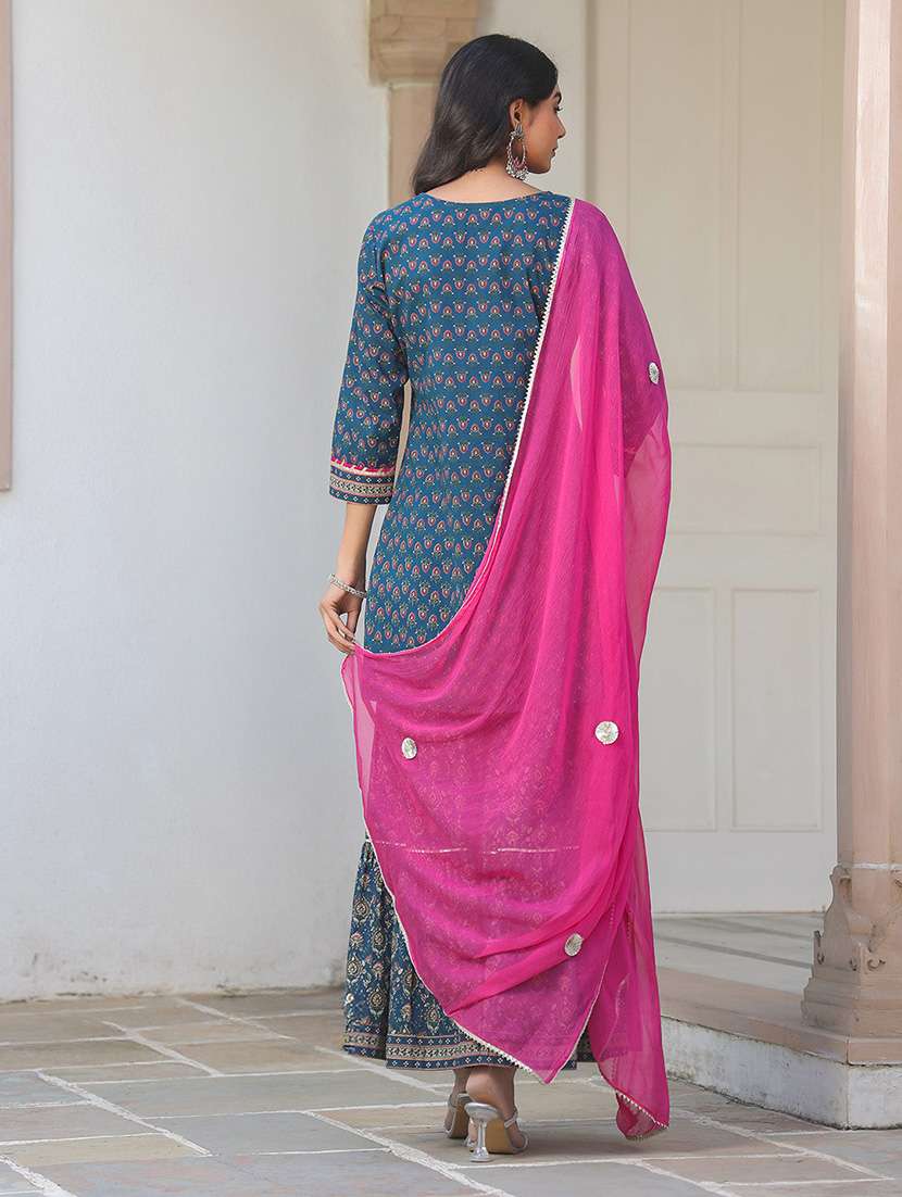 women printed three quarter sleeve kurta sharara with dupatta set - 22156228 -  Standard Image - 4