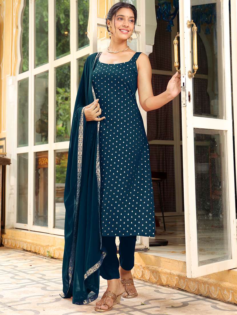 women foil printed sleeveless kurta pant with dupatta set - 22156230 -  Standard Image - 1
