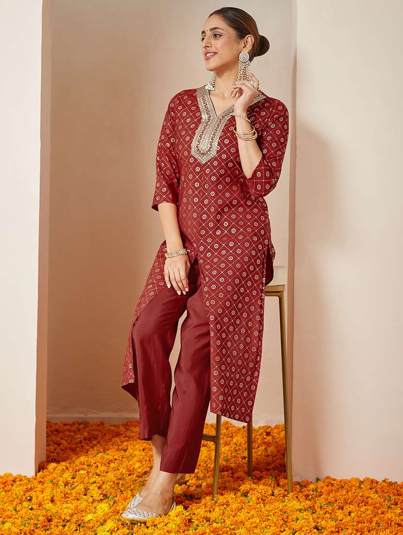 women embroidered three quarter sleeve kurta pant set - 22156232 - Standard Image - 1