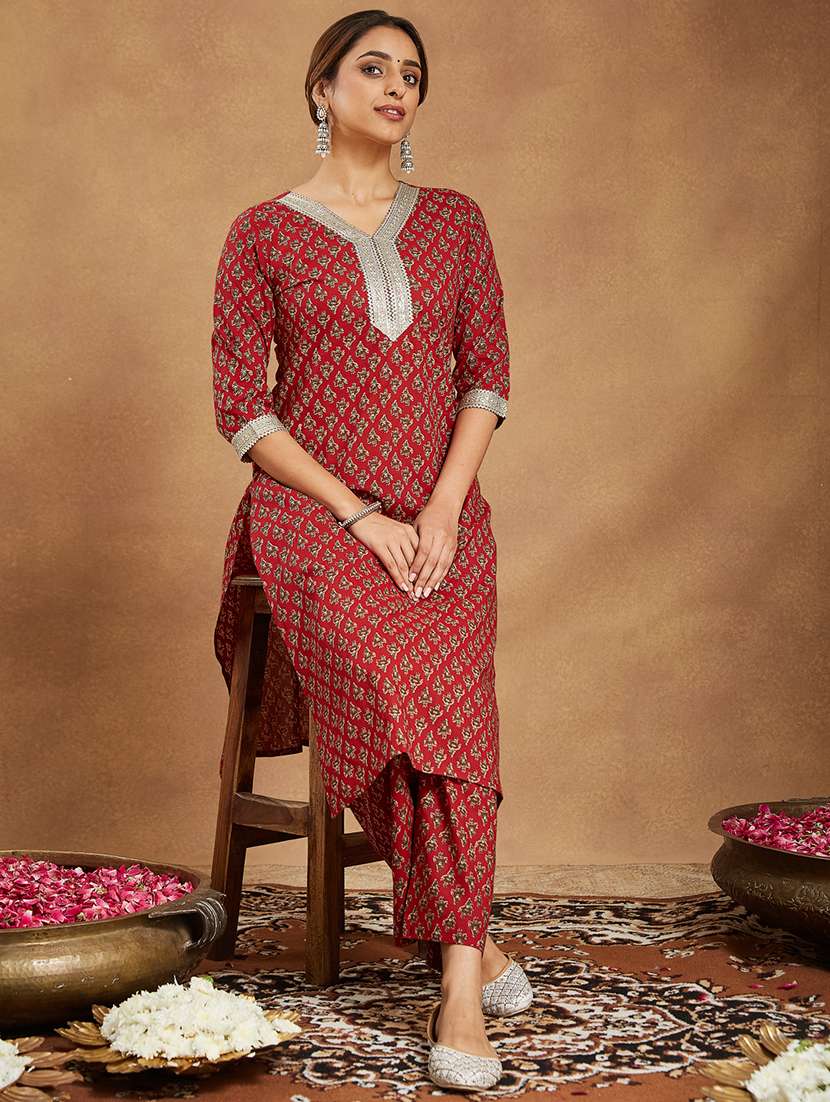 women floral printed three quarter sleeve kurta pant set - 22156237 -  Standard Image - 1