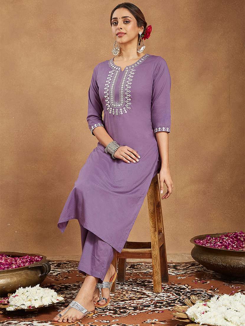 women embroidered three quarter sleeve kurta pant set - 22156238 -  Standard Image - 1