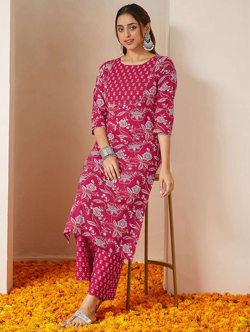 women floral three quarter sleeve kurta pant set - 22156239 -  Standard Image - 1
