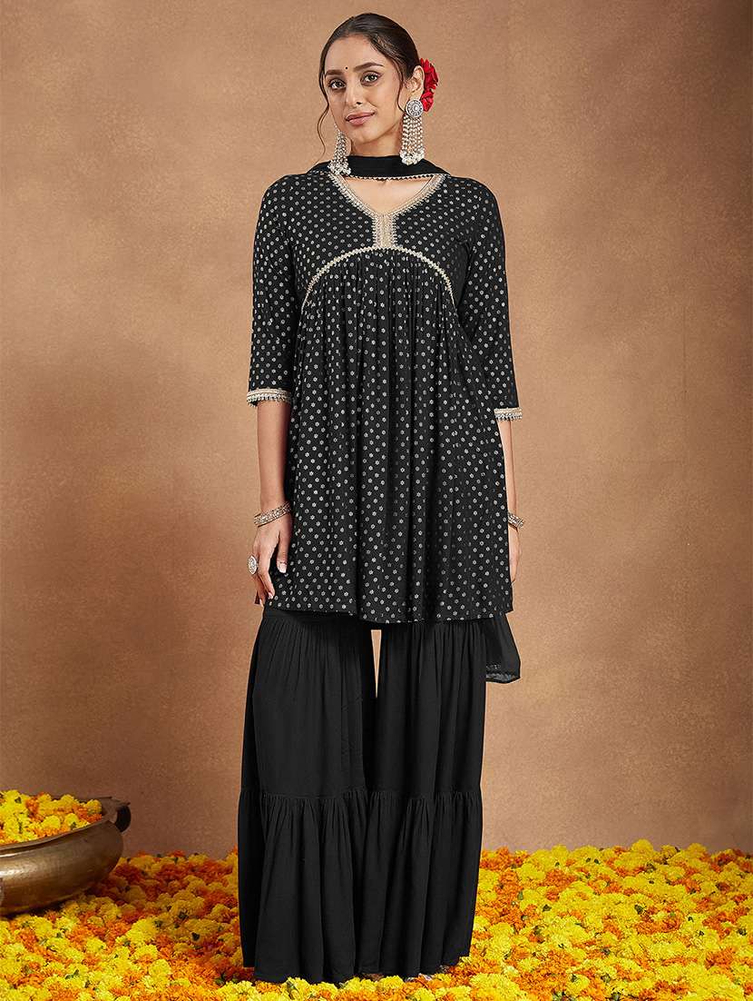 women foil printed three quarter sleeve kurta sharara with dupatta set