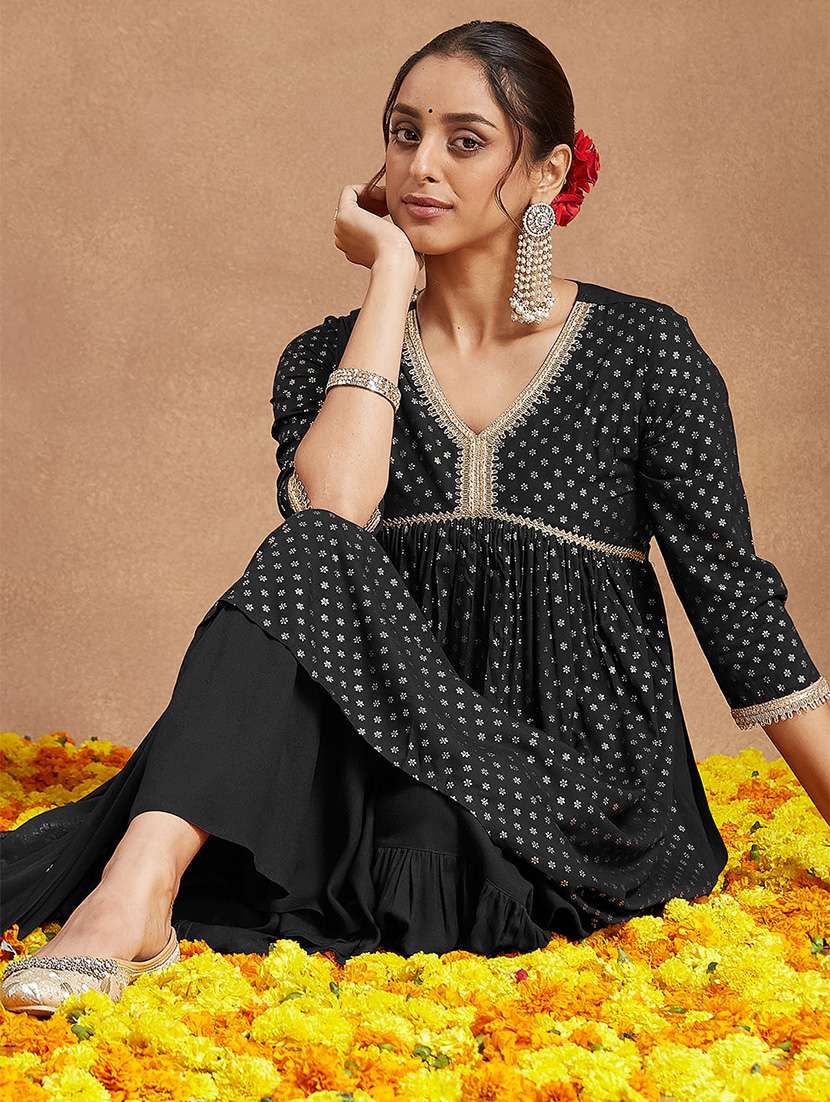 women foil printed three quarter sleeve kurta sharara with dupatta set - 22156243 -  Standard Image - 1