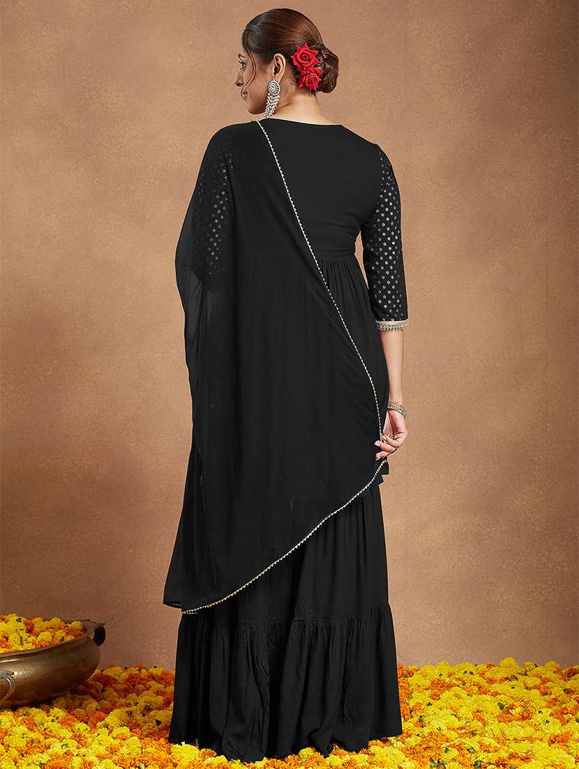 women foil printed three quarter sleeve kurta sharara with dupatta set - 22156243 -  Standard Image - 4