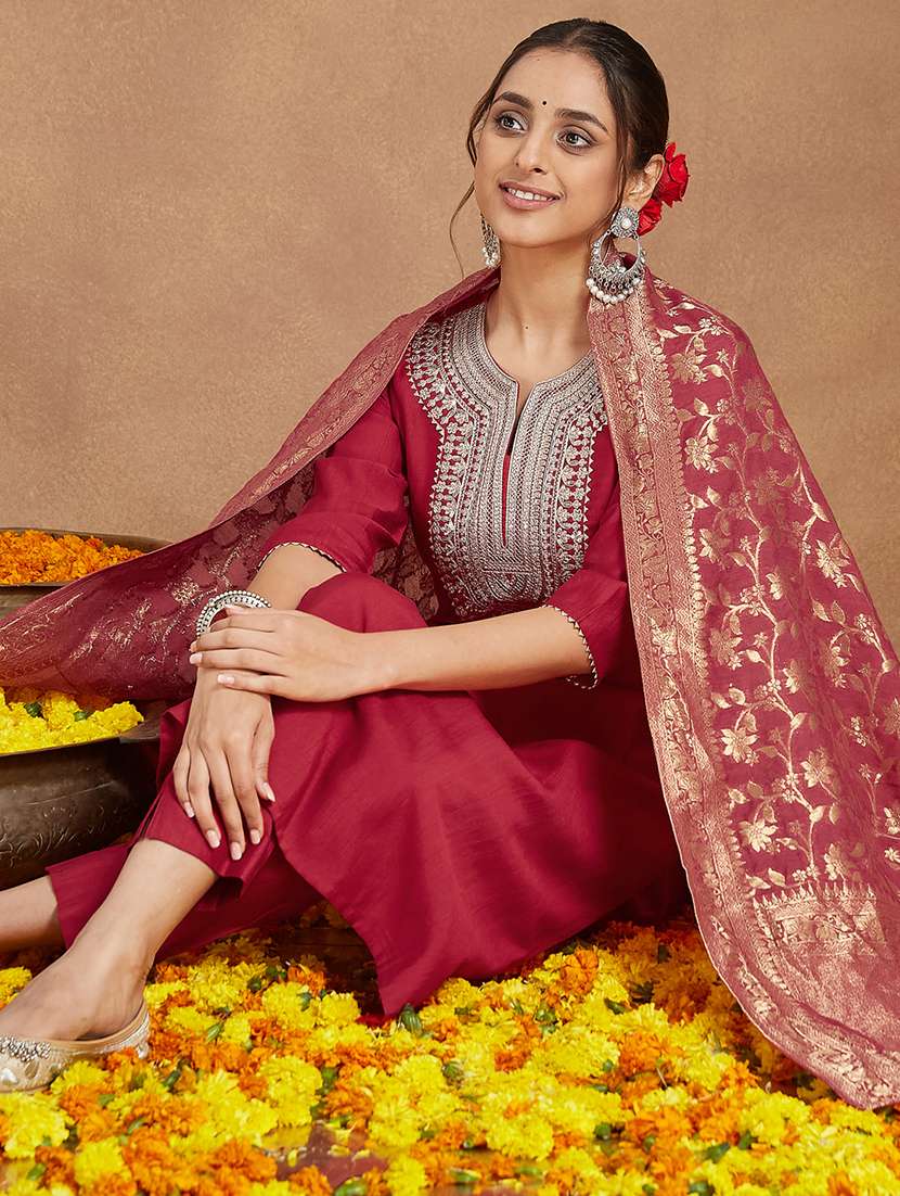 women embroidered three quarter sleeve kurta pant with dupatta set - 22156247 -  Standard Image - 1