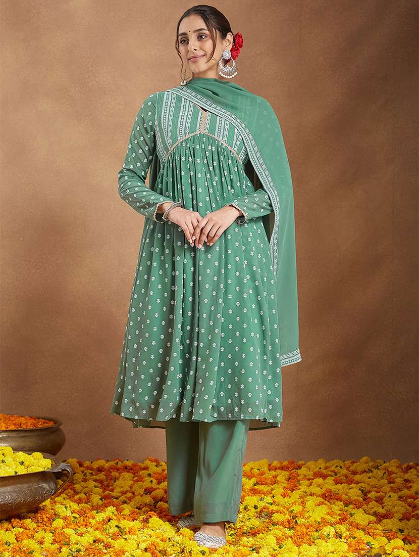 women embroidered long sleeve kurta palazzo with dupatta set