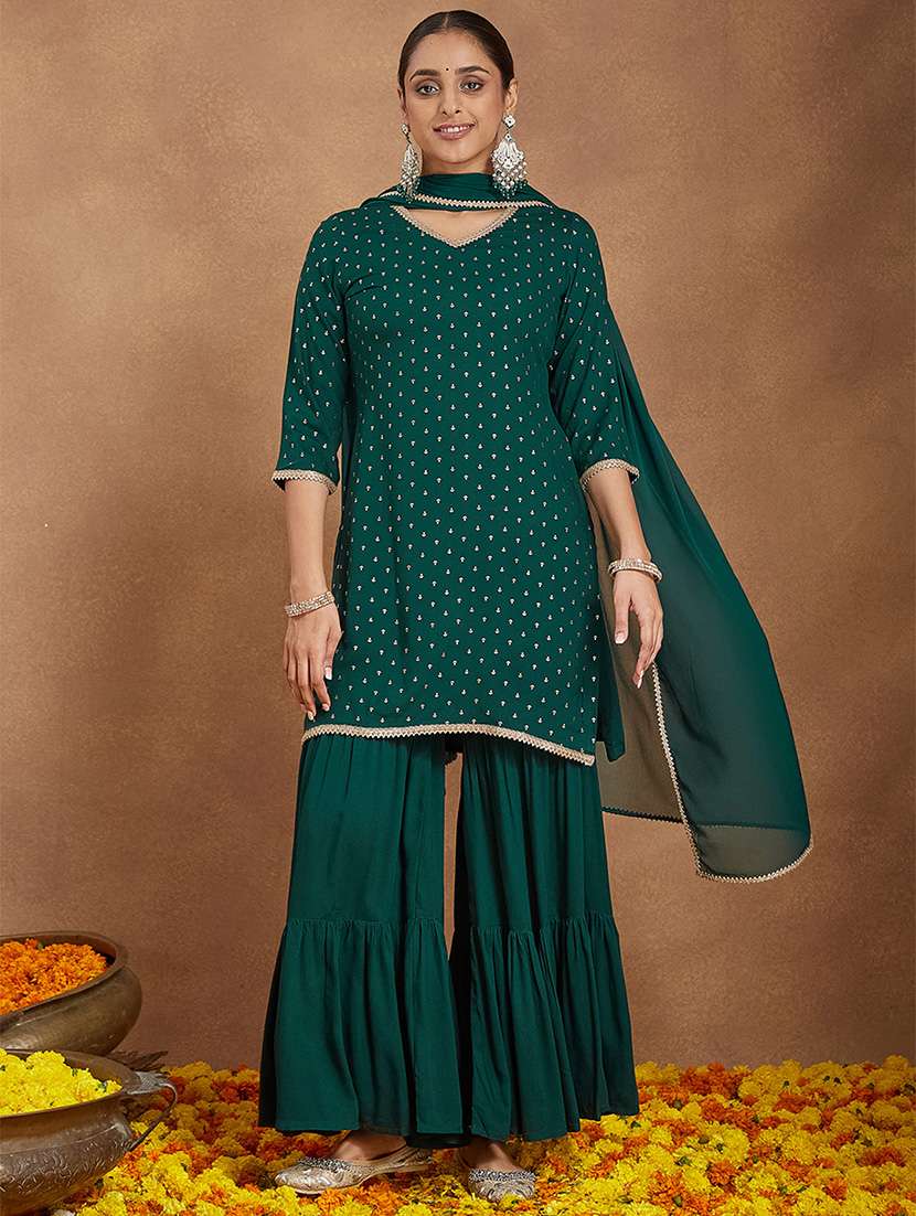women foil printed three quarter sleeve kurta sharara with dupatta set
