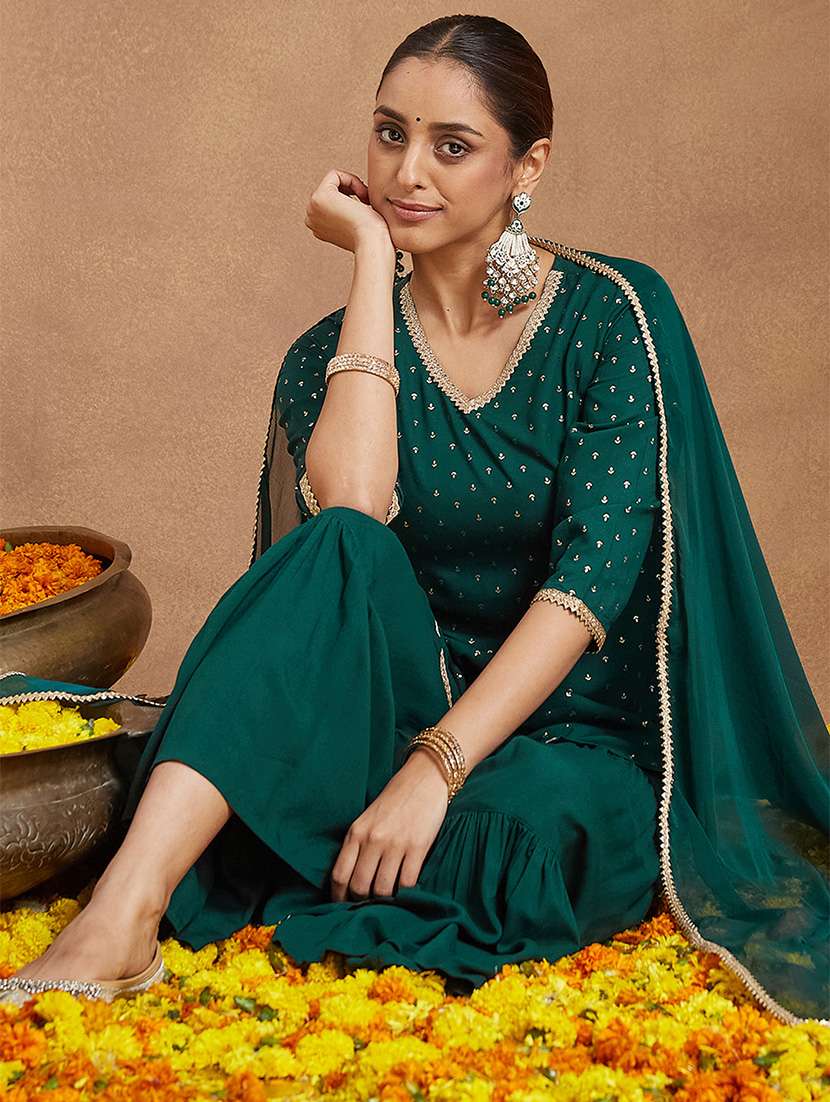 women foil printed three quarter sleeve kurta sharara with dupatta set - 22156250 -  Standard Image - 1