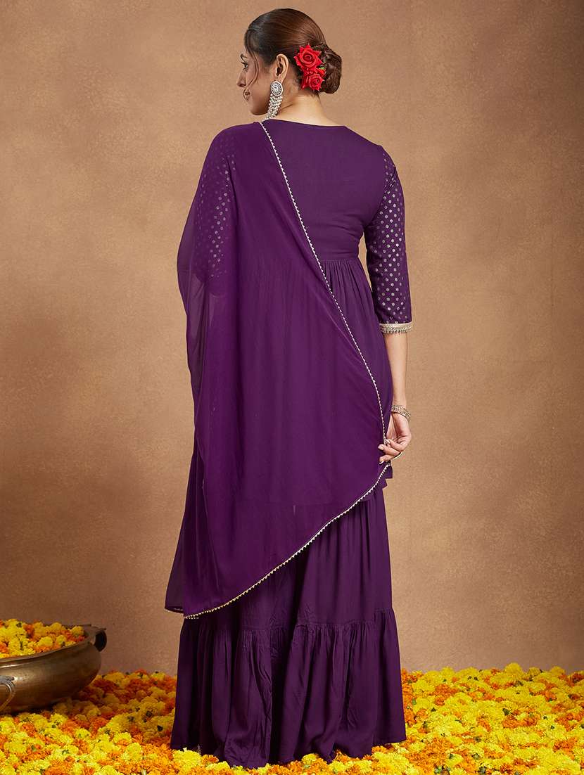 women foil printed three quarter sleeve kurta sharara with dupatta set - 22156251 -  Standard Image - 4