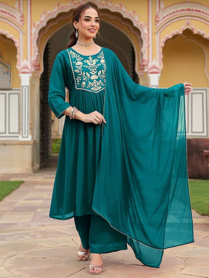 women embroidered three quarter sleeve kurta palazzo with dupatta set