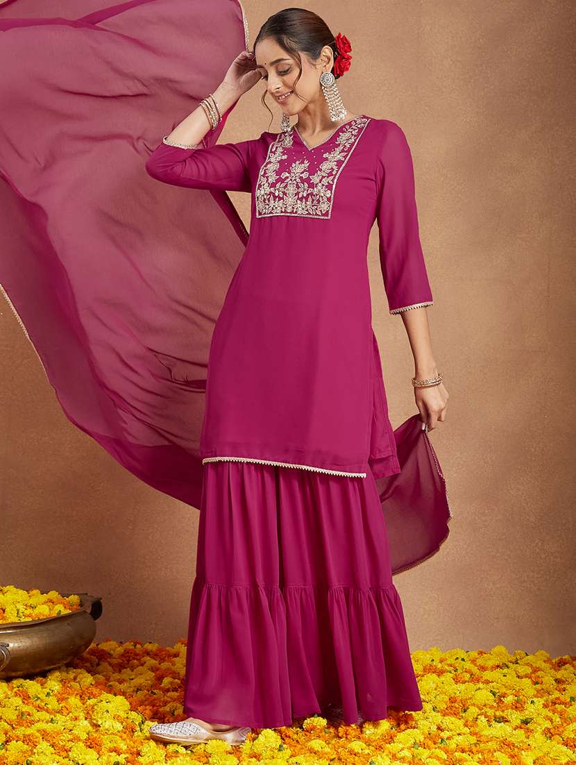 women embroidered three quarter sleeve kurta sharara with dupatta set - 22156255 -  Standard Image - 1