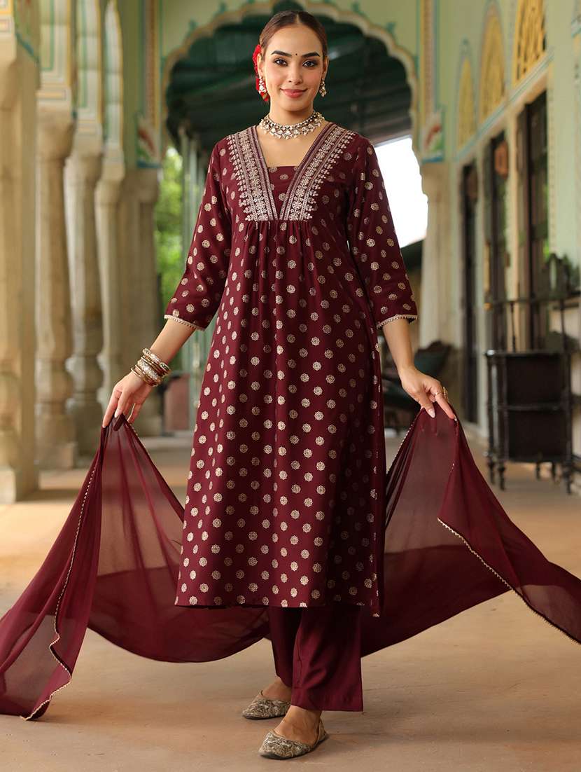 women embroidered three quarter sleeve kurta pant with dupatta set - 22156263 -  Standard Image - 1