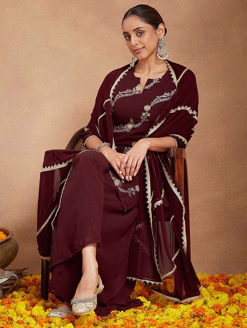 women embroidered three quarter sleeve kurta sharara with dupatta set - 22156266 - Standard Image - 1
