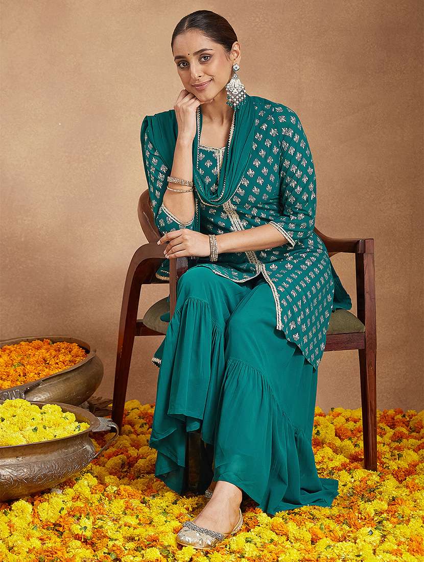 women foil printed three quarter sleeve kurta sharara with dupatta set - 22156276 -  Standard Image - 1