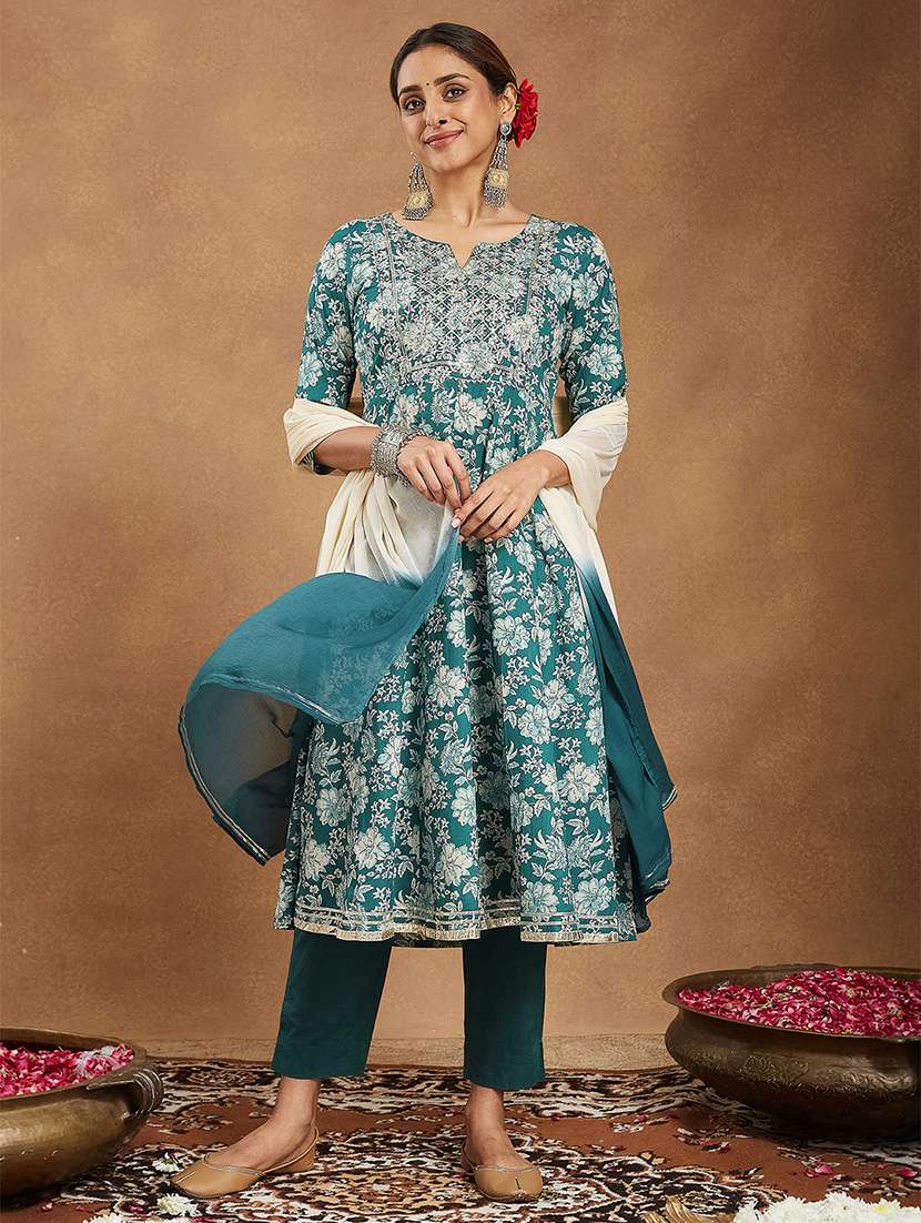 women floral three quarter sleeve kurta pant with dupatta set - 22156279 -  Standard Image - 1